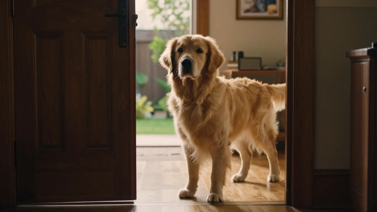 Un golden retriever curioso observa a través de la rendija de una puerta de madera entreabierta.