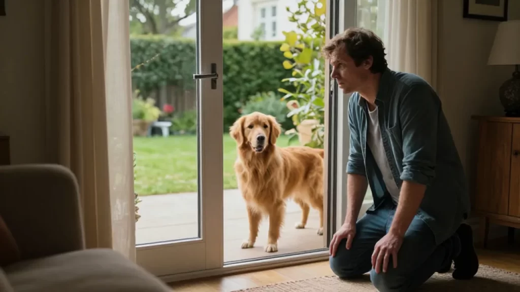Dueño preocupado observa a través de un cristal a su perro golden retriever junto a una puerta de jardín abierta.