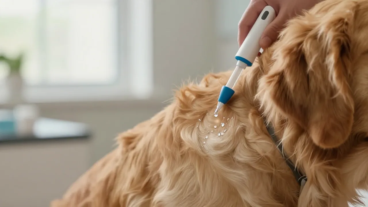 Aplicación de pipeta antiparasitaria en el cuello de un perro golden retriever en una clínica veterinaria.