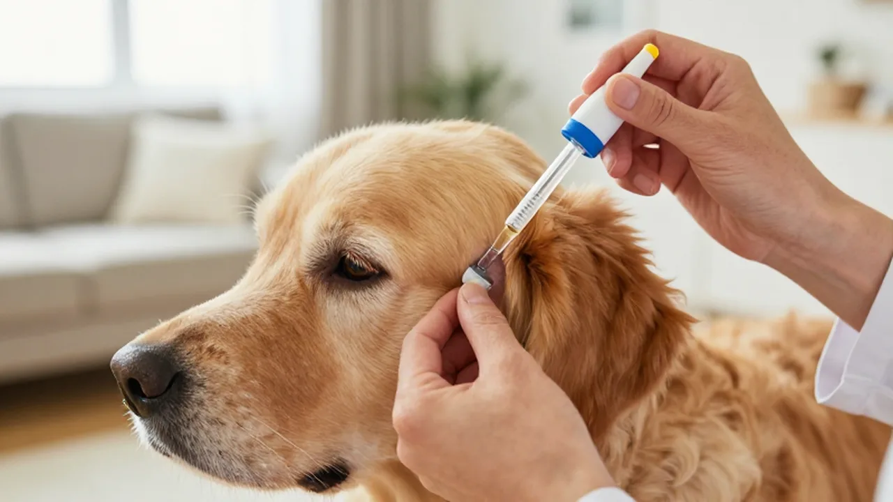 Manos de un veterinario aplicando gotas de medicamento sobre el pelaje de un Golden Retriever.