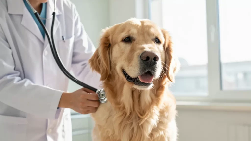 Veterinaria examinando con cuidado a un golden retriever tranquilo en una clínica luminosa.