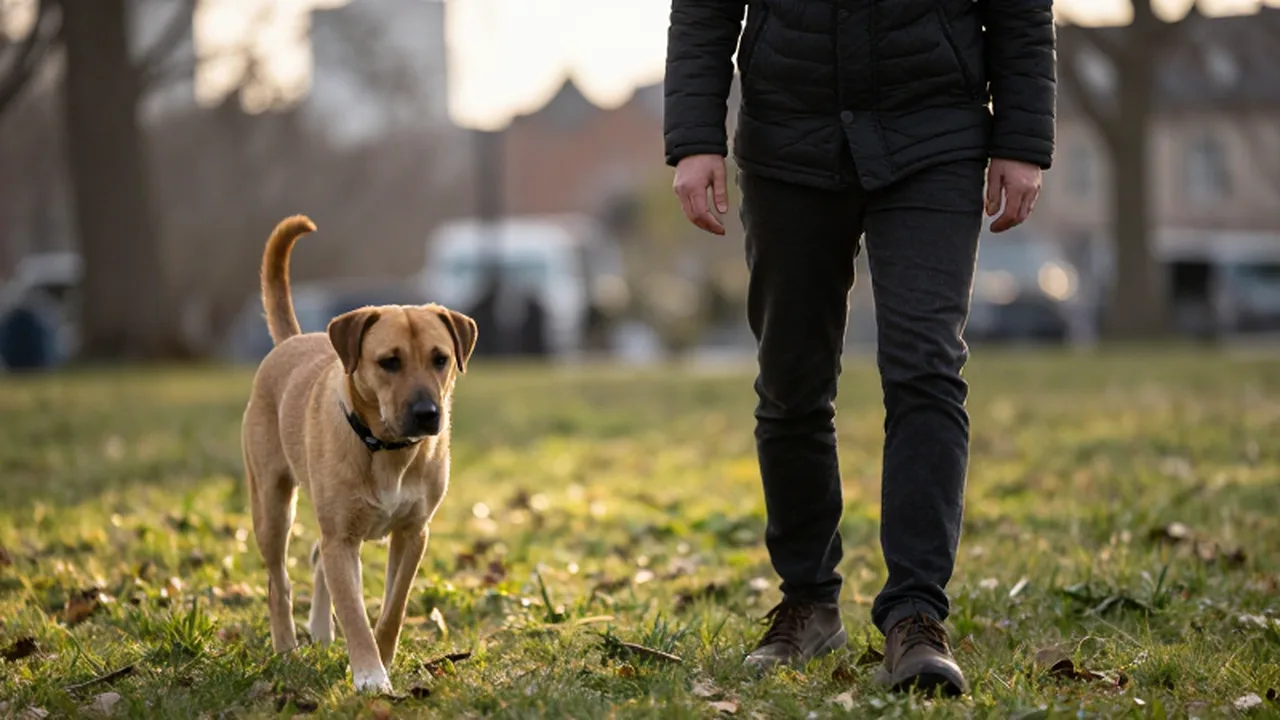 Un dueño se interpone con firmeza entre su perro y un animal callejero en un parque.