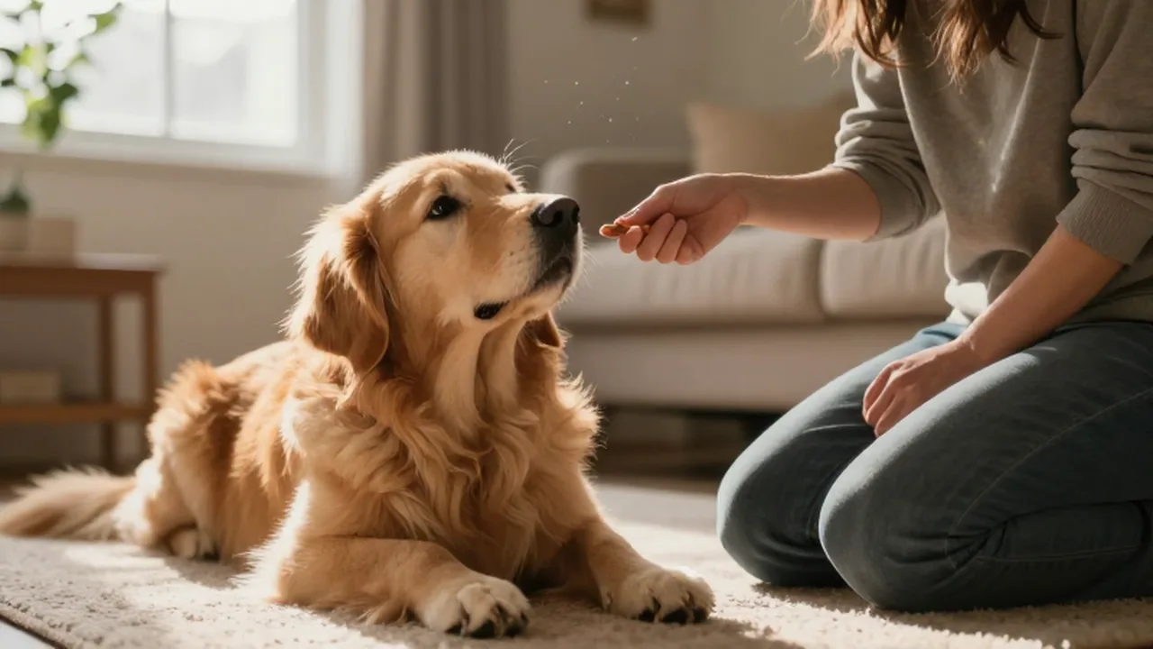 Una persona ofrece un premio con calma a un golden retriever nervioso en una sala iluminada.
