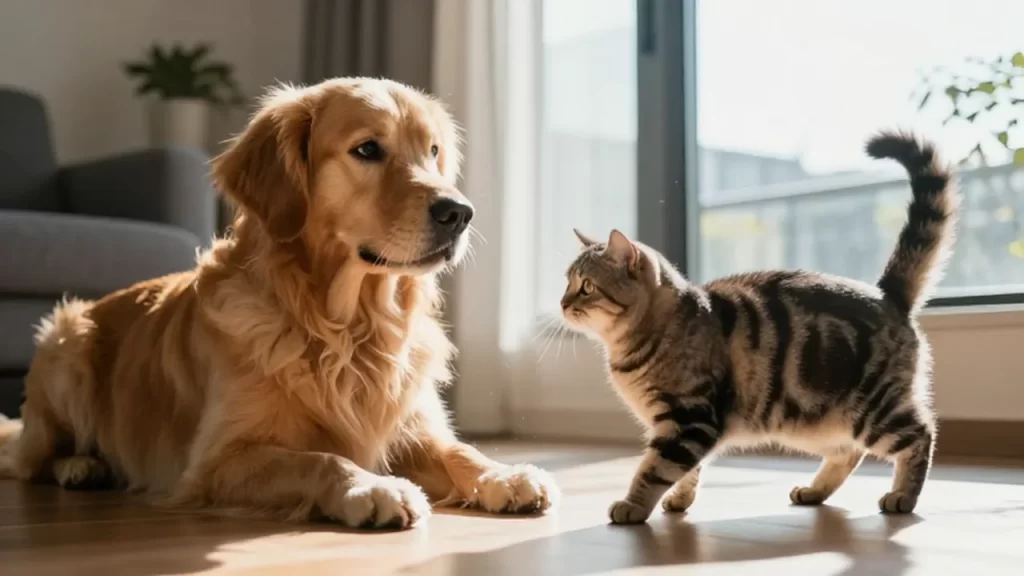 Un perro golden retriever y un gato con el lomo arqueado se miran con tensión en una sala.