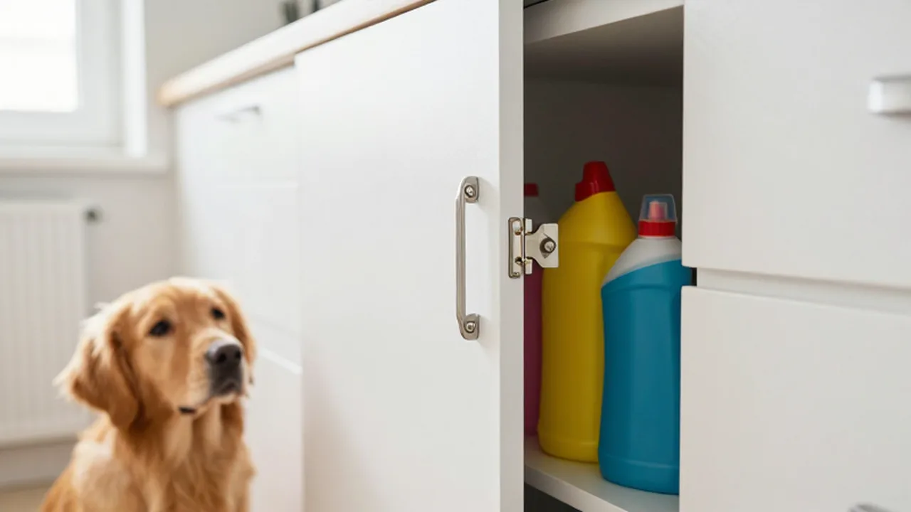 Un perro golden retriever mira con curiosidad un armario de cocina blanco protegido con un cierre de seguridad.