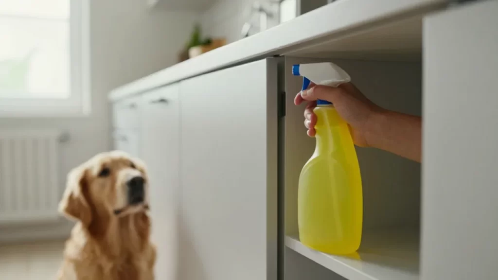 Una mano coloca un bote de limpieza en un estante alto mientras un perro observa.