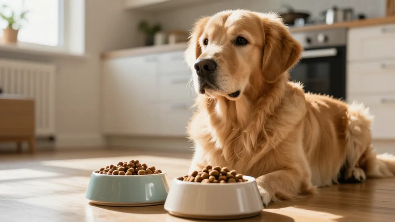 Golden Retriever sentado en una cocina mirando con atención dos cuencos de comida.