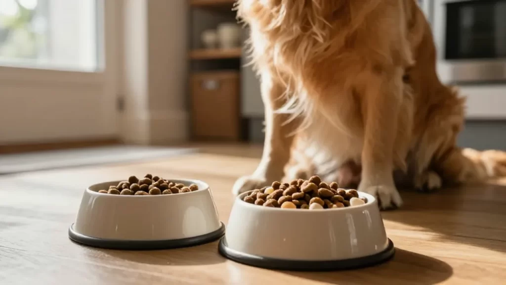 Golden retriever sentado junto a cuencos con comida vieja y nueva en una cocina luminosa.