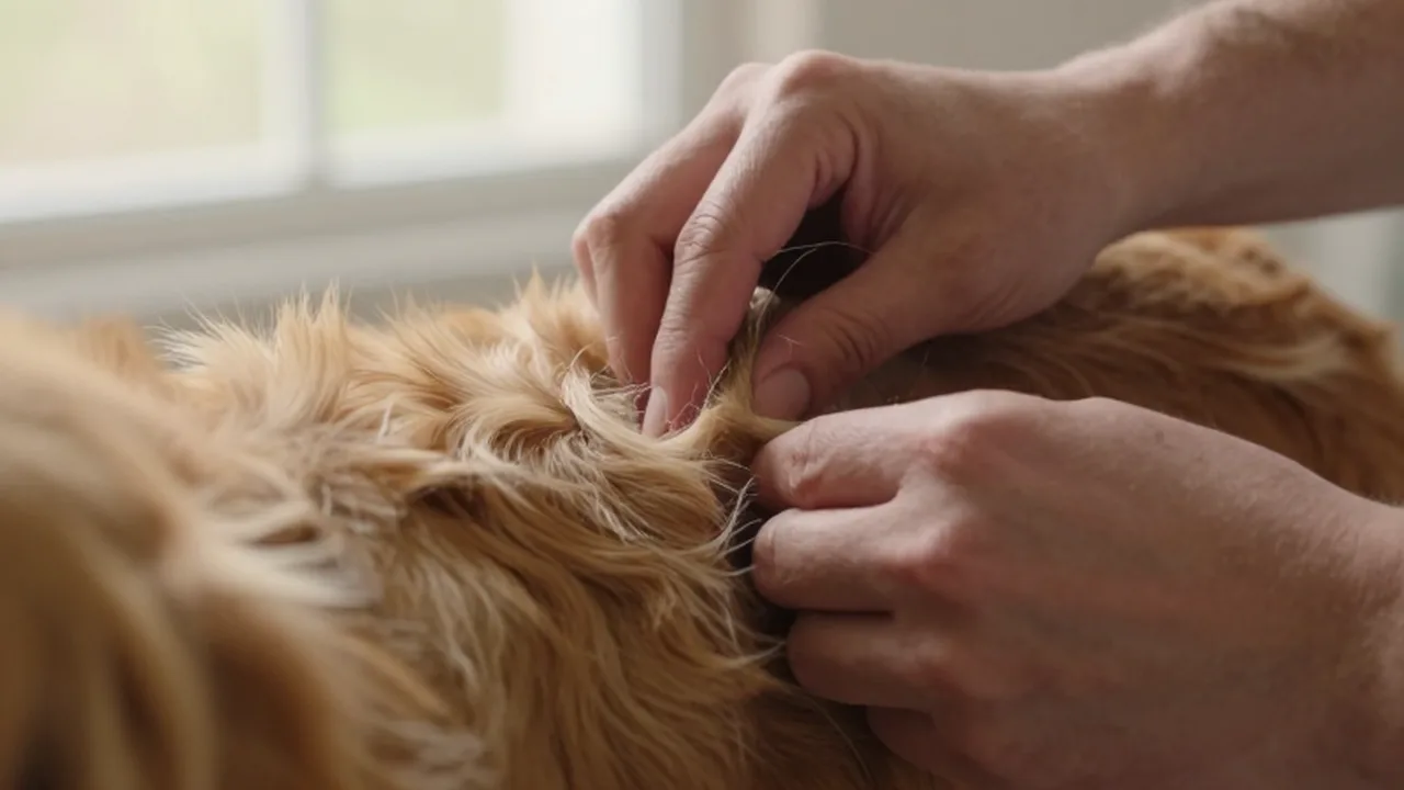 Unas manos revisan con cuidado el pelaje largo de un golden retriever para detectar nudos.