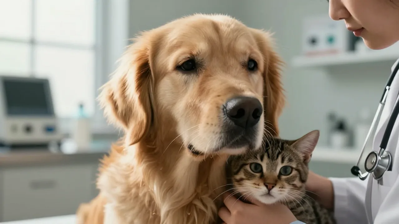 Manos de un veterinario sosteniendo con ternura a un golden retriever y un gato tabby.