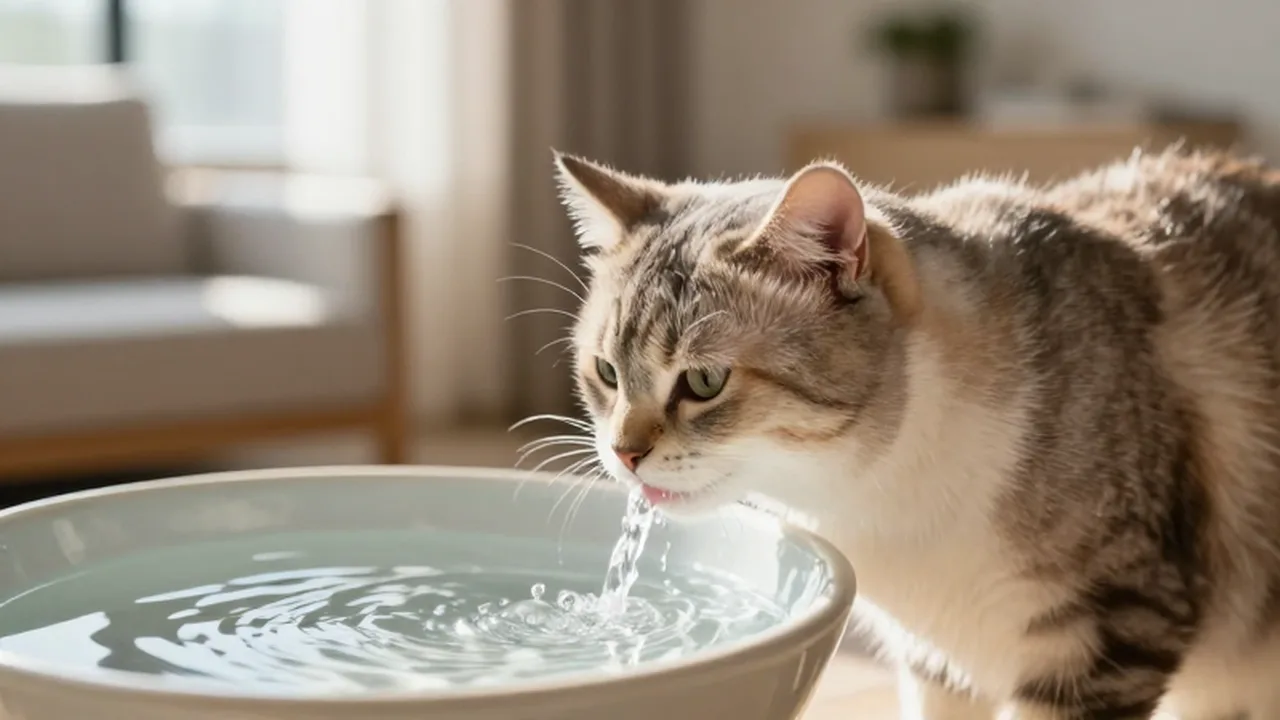 Gato doméstico bebiendo agua fresca de una fuente cerámica moderna en una sala iluminada.