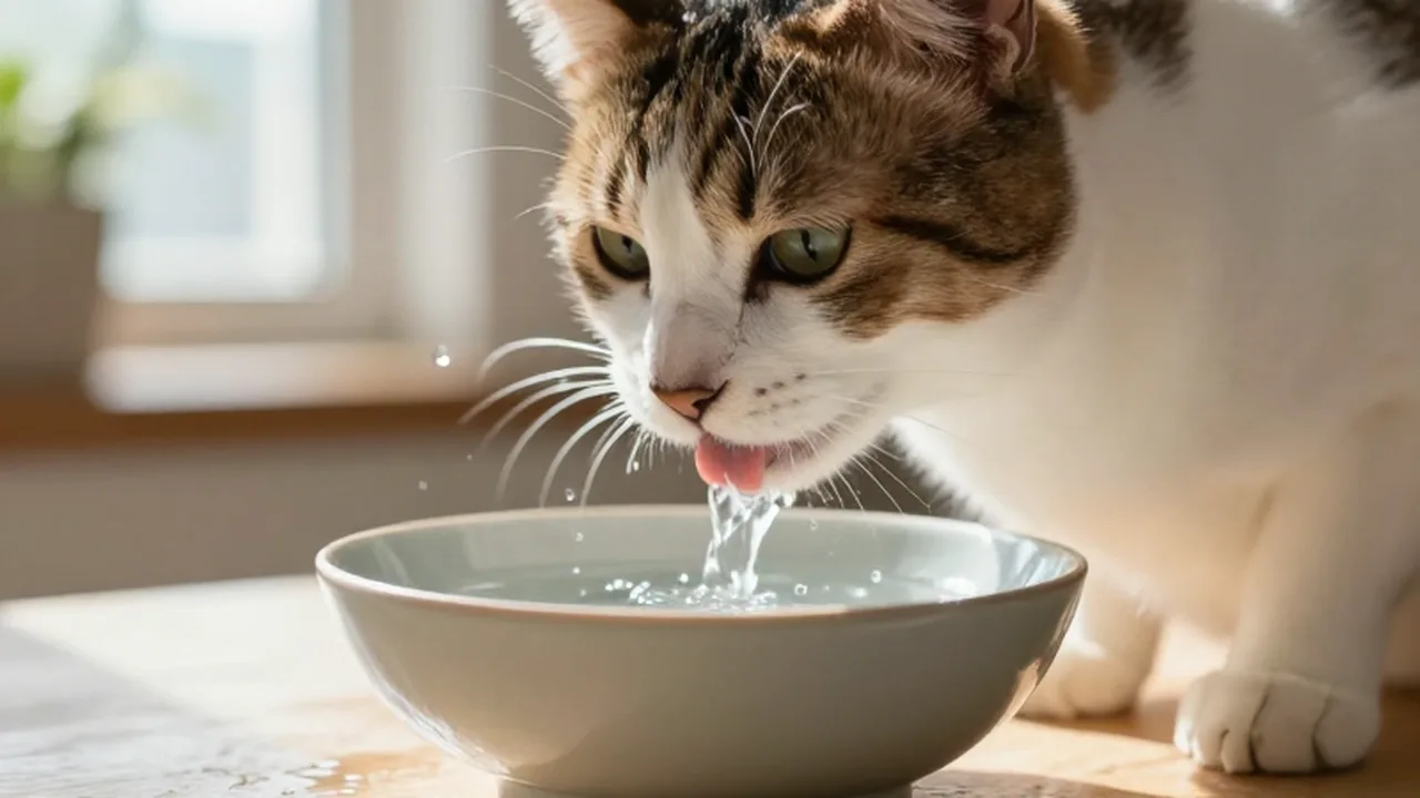 Gato doméstico bebiendo agua de un cuenco de cerámica en una cocina luminosa.