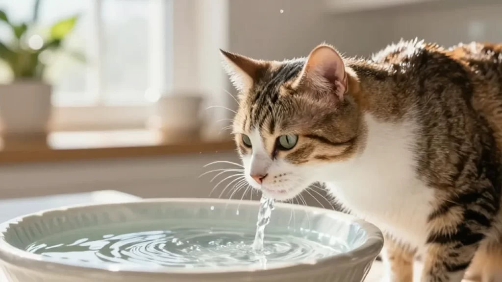Gato atigrado bebiendo agua de una fuente cerámica en una cocina iluminada por el sol.