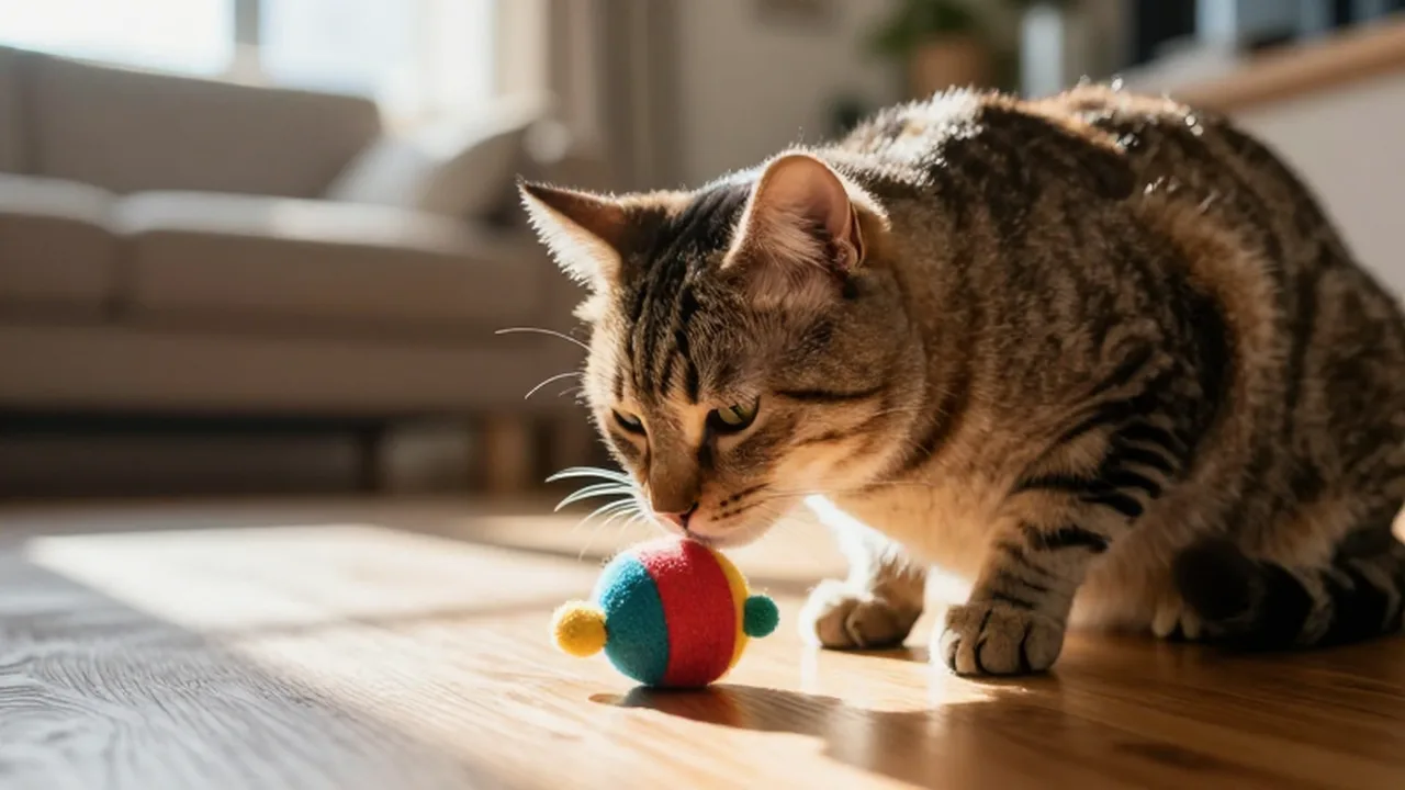 Un gato atigrado olisquea con curiosidad un juguete de colores sobre un suelo de madera soleado.