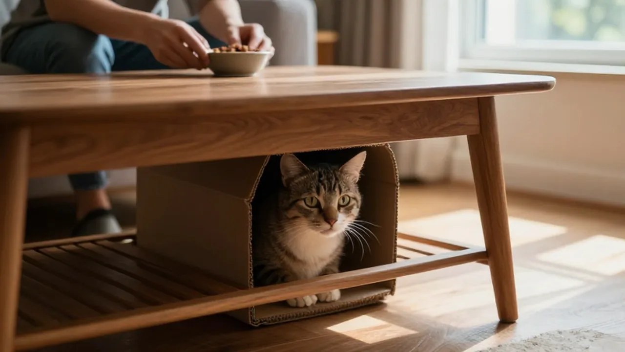 Gato curioso asomándose desde una caja de cartón bajo una mesa mientras le acercan comida.