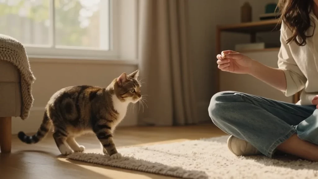 Un gato tabby explora con curiosidad un rincón iluminado mientras una persona le ofrece un premio.