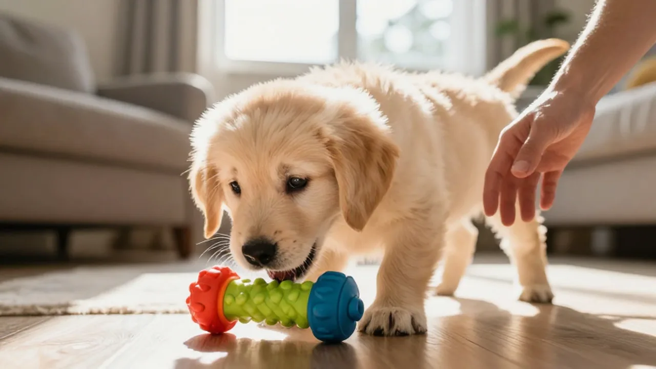 Cachorro de golden retriever olfateando un juguete de goma colorido en una sala iluminada por el sol.