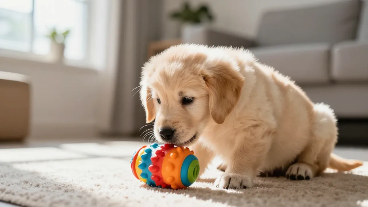 Cachorro de Golden Retriever olfateando un juguete de goma de colores sobre una alfombra.