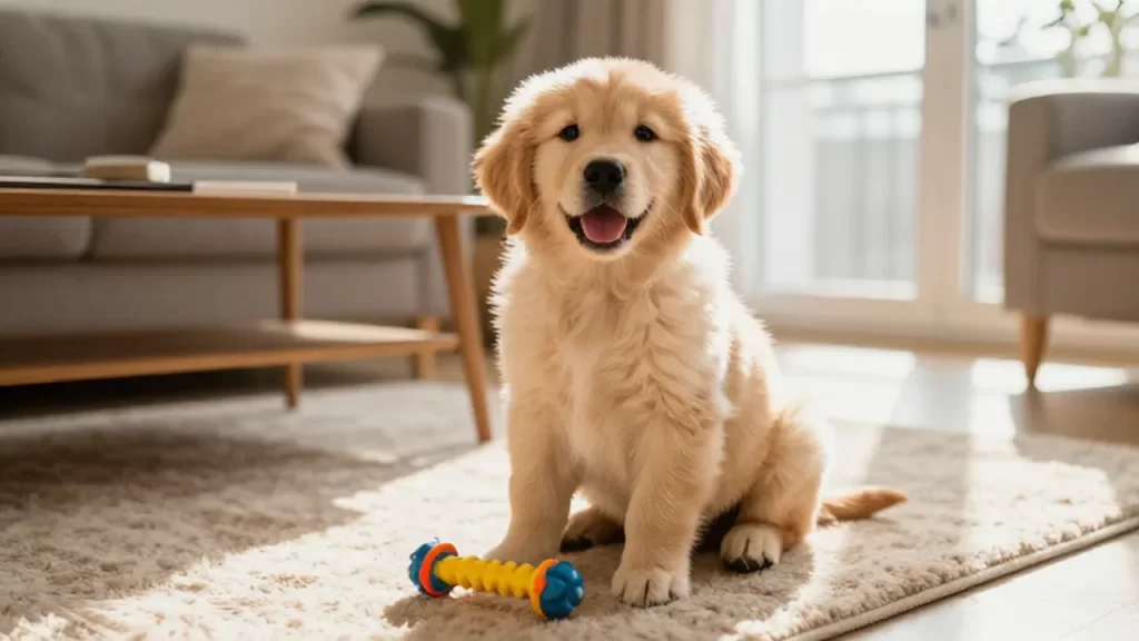 Cachorro de Golden Retriever sentado en una alfombra beige junto a un juguete de goma colorido.