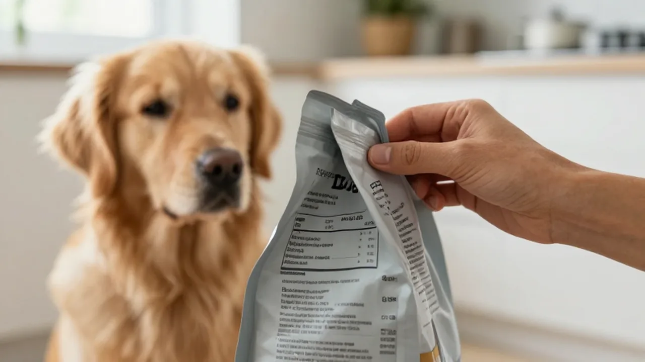 Manos de una persona sostienen una bolsa de comida para perros frente a un golden retriever.