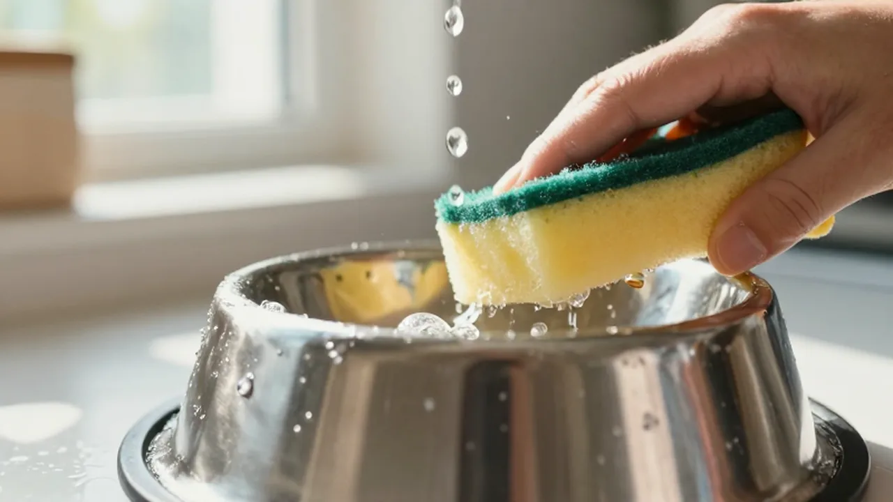 Lavado meticuloso de cuencos de acero inoxidable para mascotas con agua y espuma en una cocina luminosa.