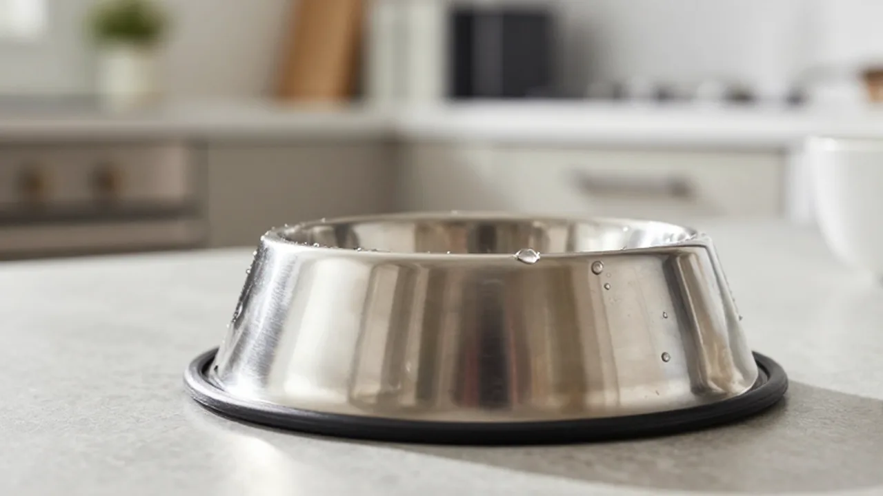 Cuenco de acero inoxidable limpio para mascotas sobre el suelo de una cocina moderna.