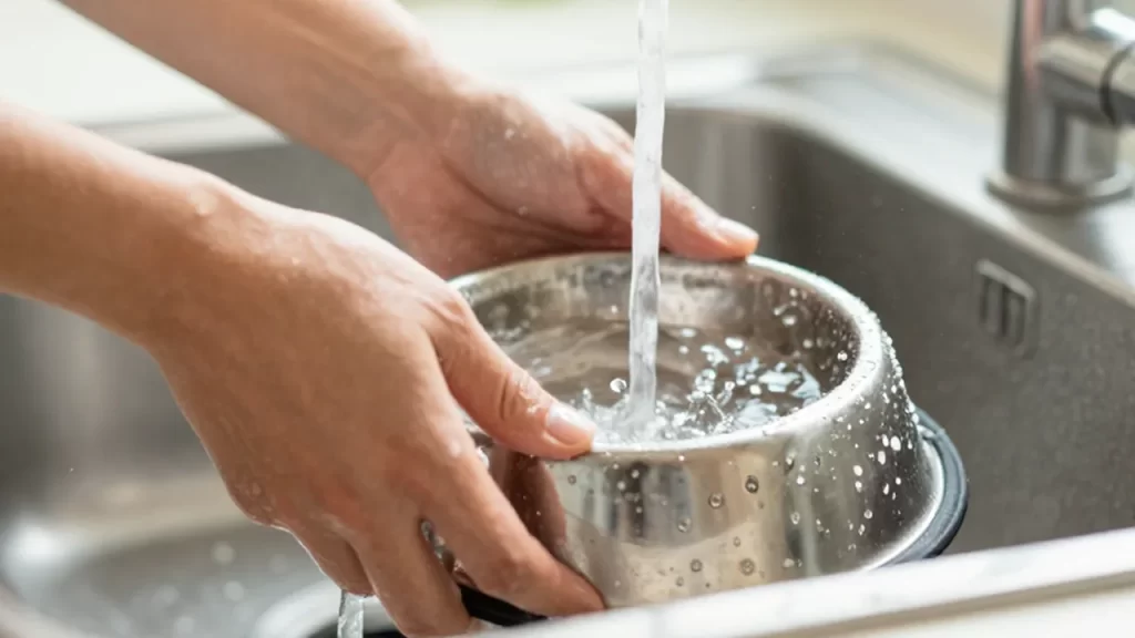 Manos lavando un cuenco de acero inoxidable con agua y jabón bajo un chorro de agua.