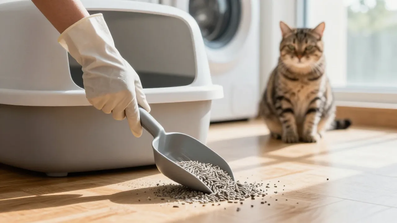 Una persona limpia la arena de un arenero con un recogedor metálico junto a un gato tabby.