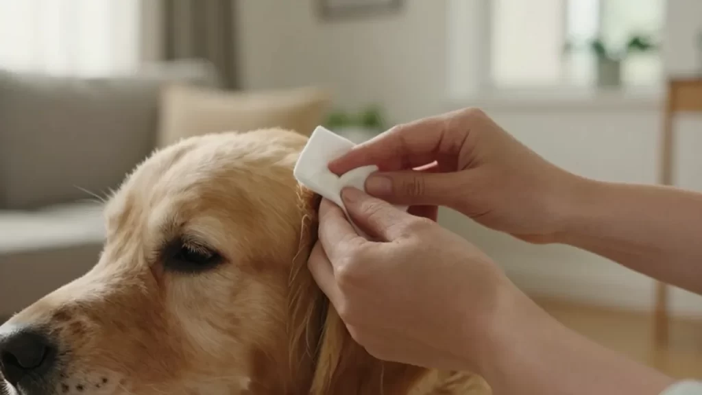 Una persona limpia suavemente el oído de un perro golden retriever con un algodón.