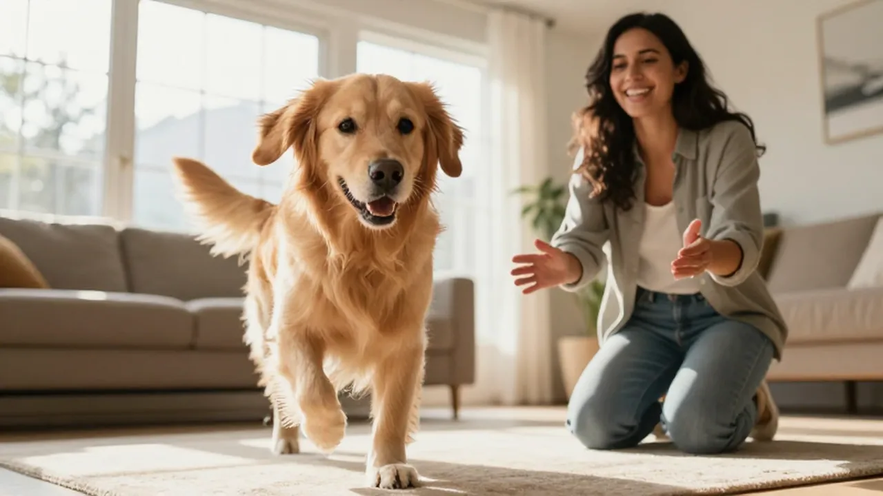 Un golden retriever corre alegremente hacia una mujer que lo espera con los brazos abiertos.