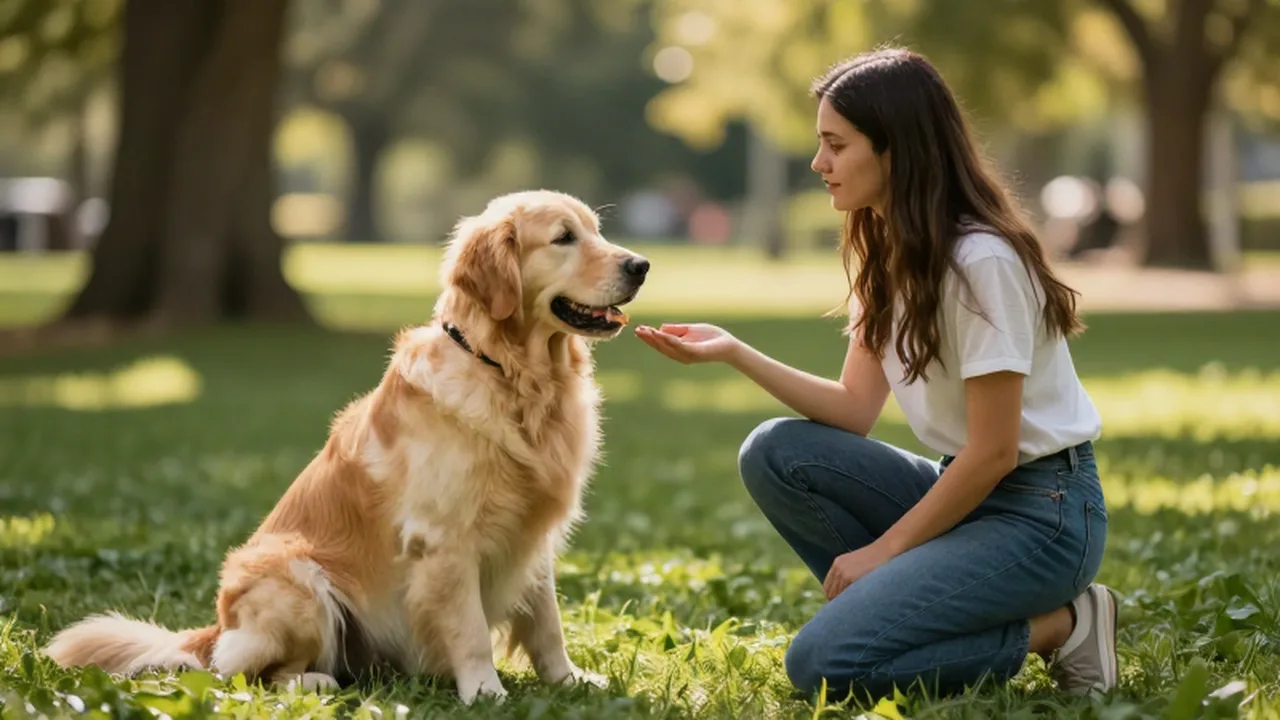Una mujer joven arrodillada frente a un golden retriever atento en un parque soleado.
