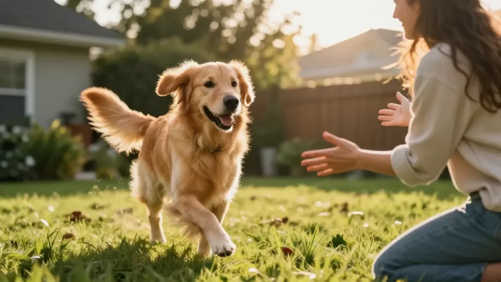 Un Golden Retriever corre alegremente hacia una joven que lo espera con los brazos abiertos en un jardín.