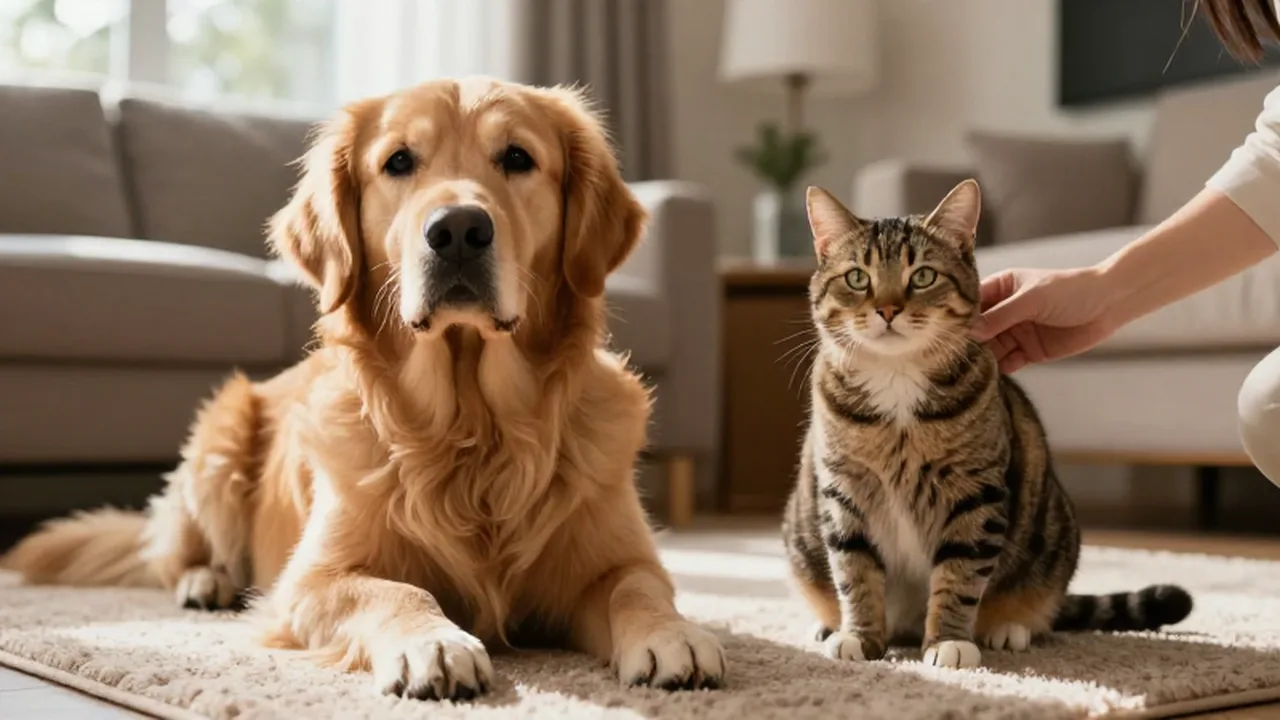Un perro Golden Retriever y un gato atigrado descansan mientras una persona les acaricia.