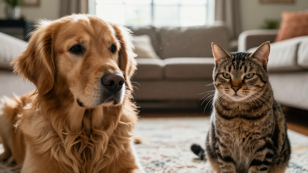 Un golden retriever y un gato atigrado se miran con tensión sobre una alfombra.