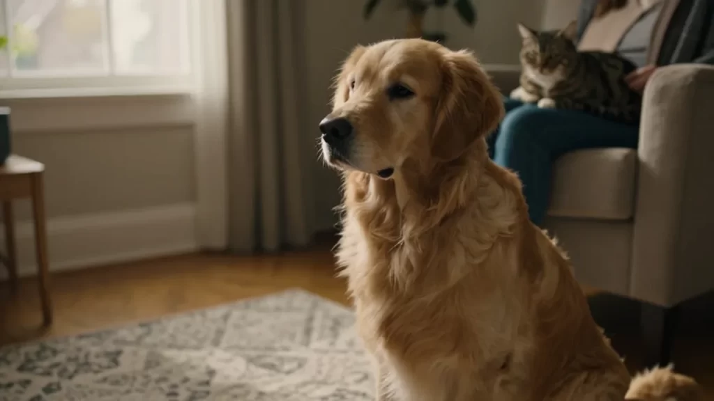 Un golden retriever mira con nostalgia a un gato atigrado que descansa en el regazo de una persona.