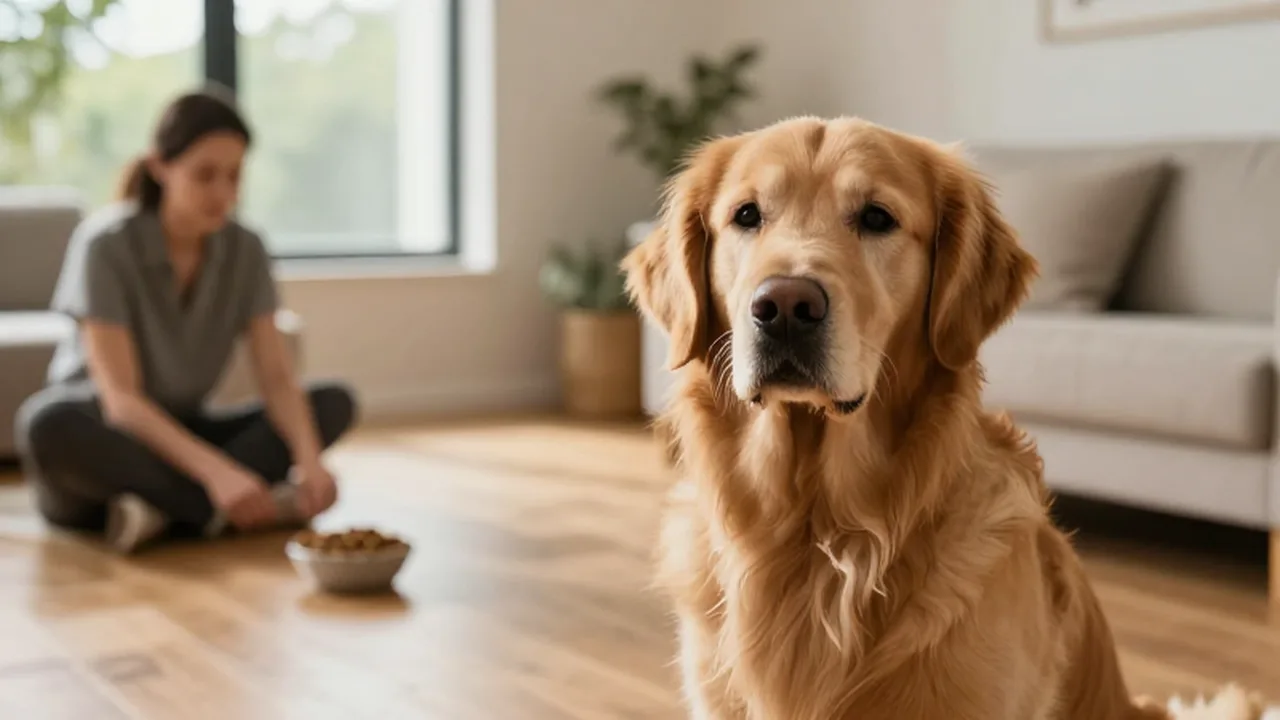 Golden Retriever sentado con disciplina en una sala iluminada mirando con atención a su entrenadora.