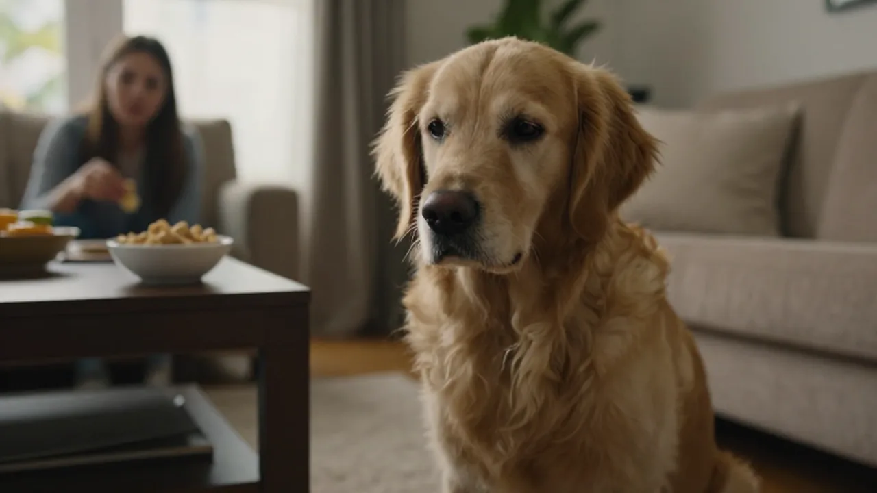 Golden retriever con expresión frustrada mirando un cuenco de premios frente a un dueño distraído.