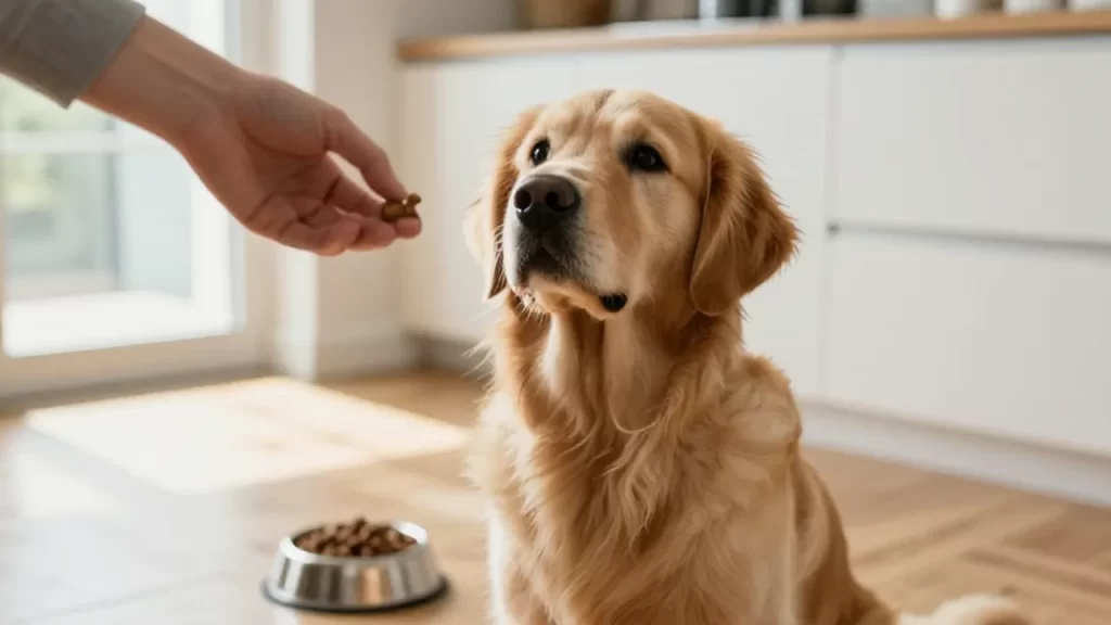 Golden retriever sentado con atención en una cocina iluminada mirando hacia una mano con un premio.