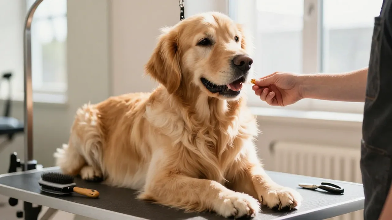 Golden retriever tranquilo recibiendo un premio de un peluquero en una luminosa sala de estética canina.