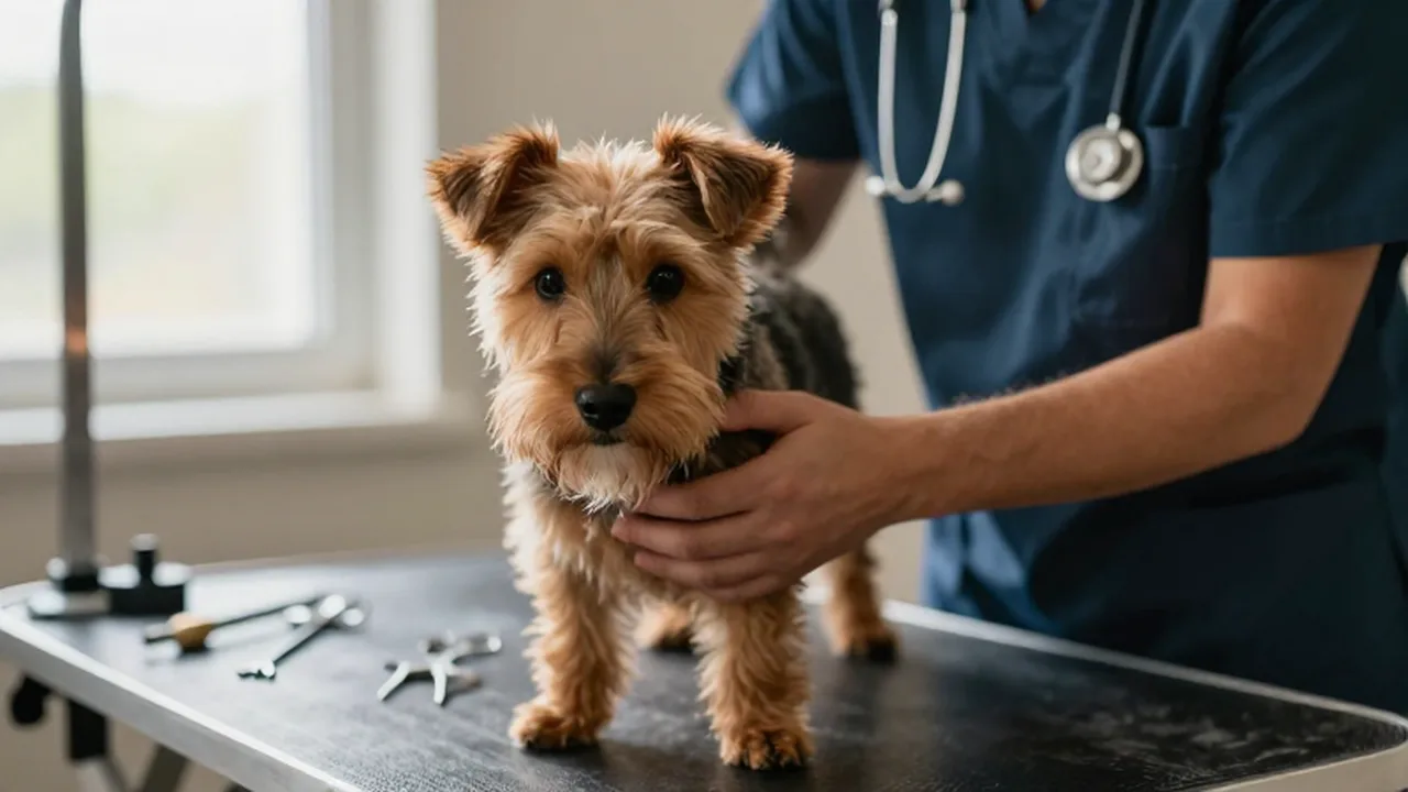 Técnico veterinario calmando con gestos suaves a un pequeño terrier en una mesa de acero.