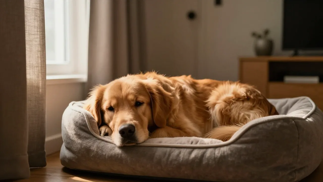 Golden retriever relajado descansando en una cama suave dentro de una acogedora sala de estar.