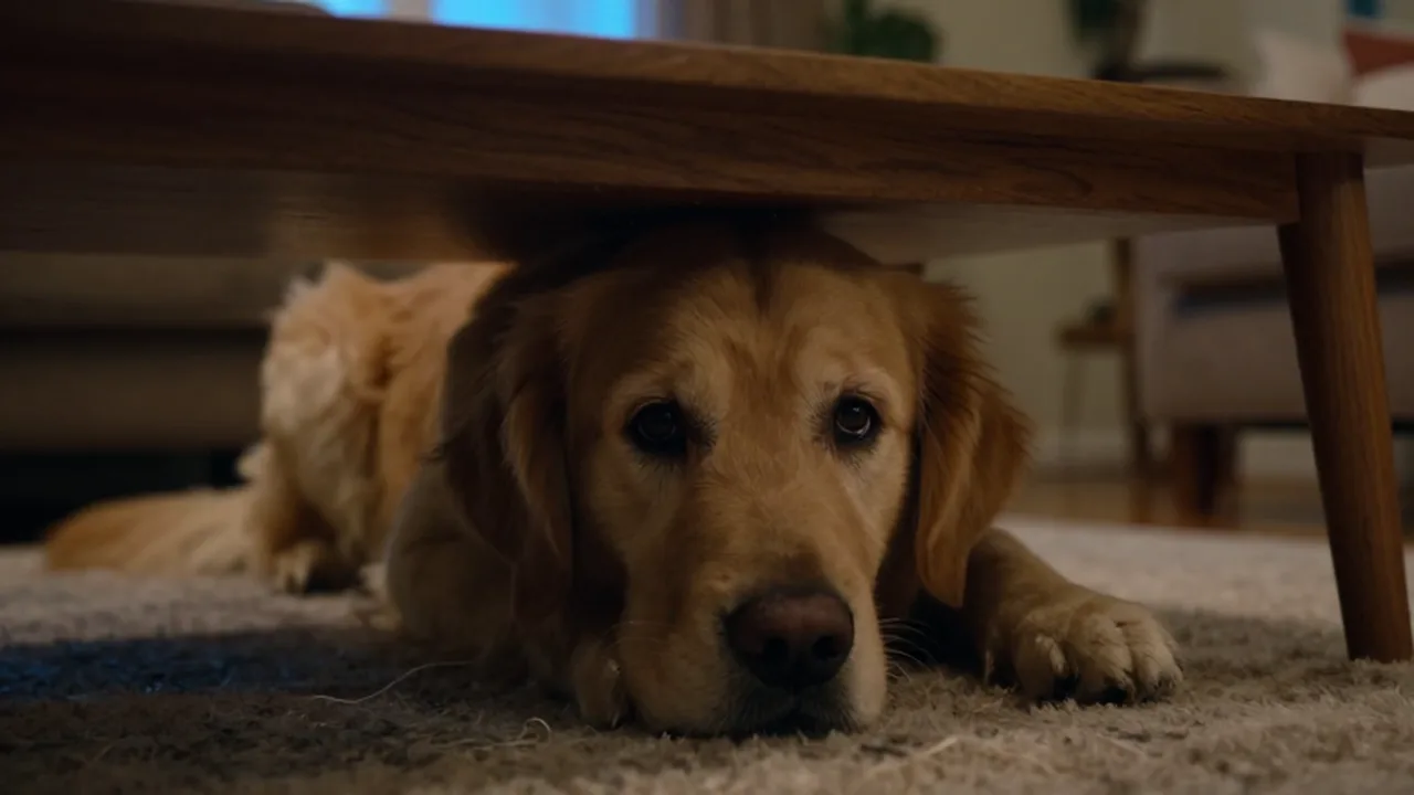 Golden retriever asustado y tembloroso escondido debajo de una mesa de madera en una sala.