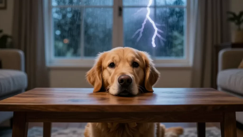 Un golden retriever asustado se esconde bajo una mesa de madera mientras llueve torrencialmente afuera.