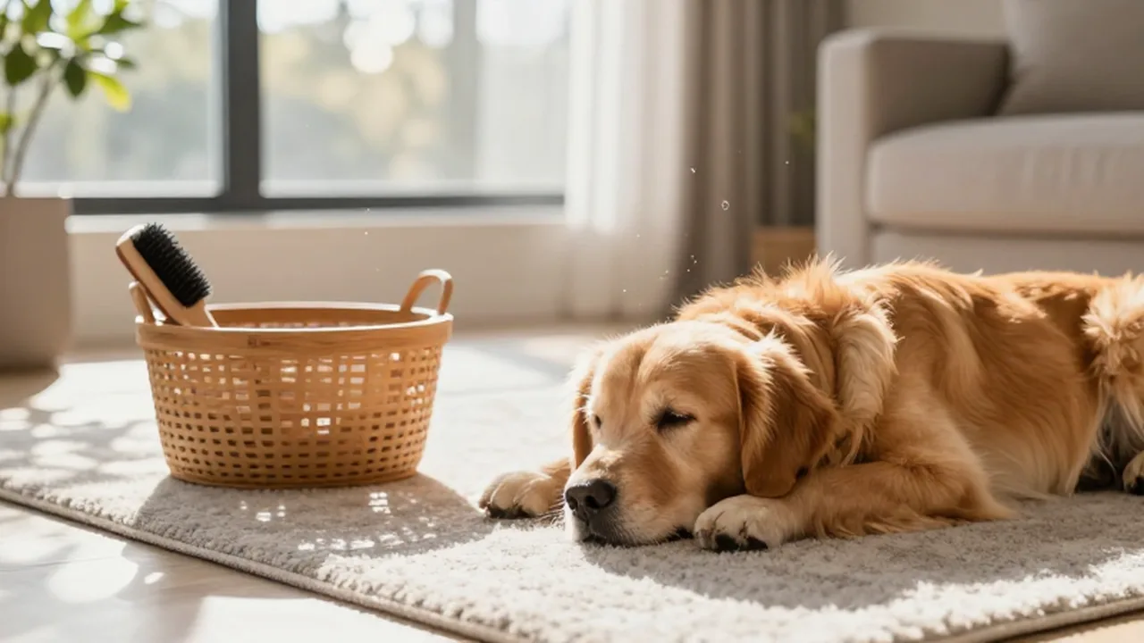 Golden retriever descansando plácidamente sobre una alfombra gris en una sala luminosa y minimalista.