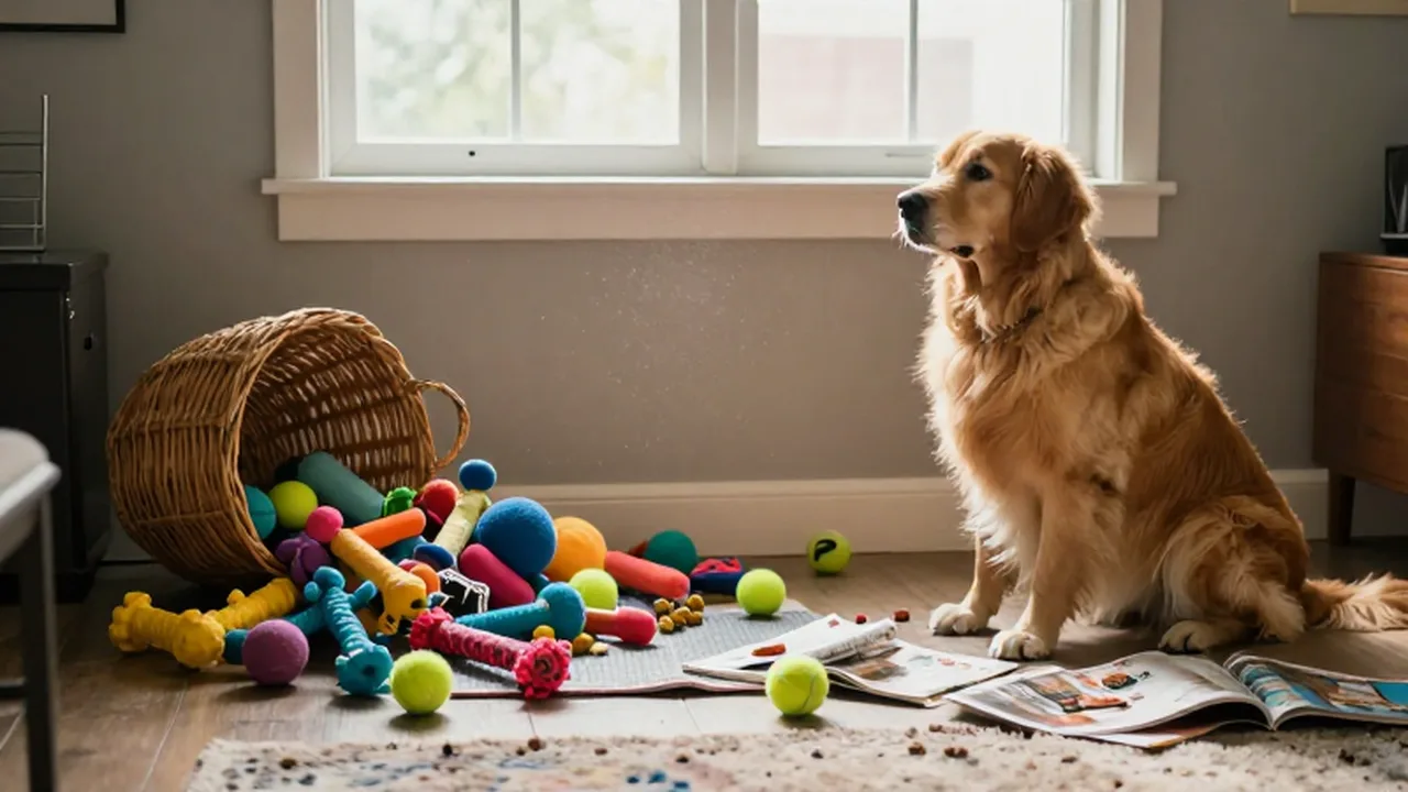 Un golden retriever se sienta en un rincón desordenado de la sala entre juguetes y revistas.