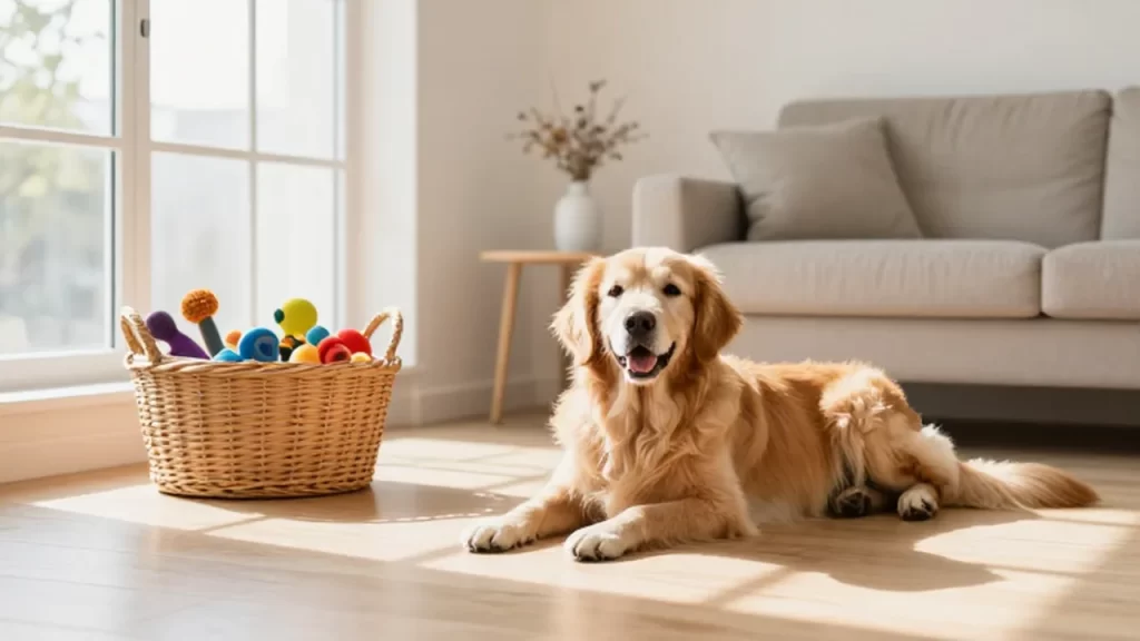 Un golden retriever descansa tranquilamente en el suelo de madera de una sala luminosa.