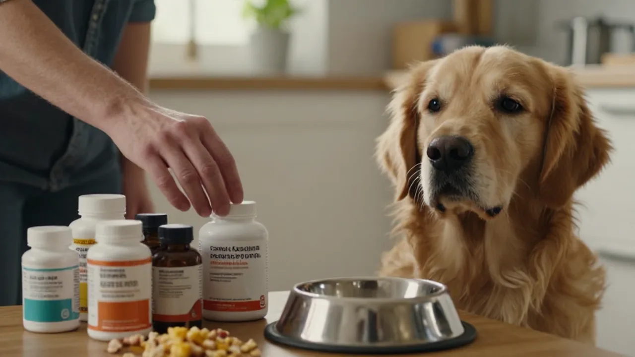 Mano de un dueño dudando entre suplementos y restos de comida junto a un golden retriever.