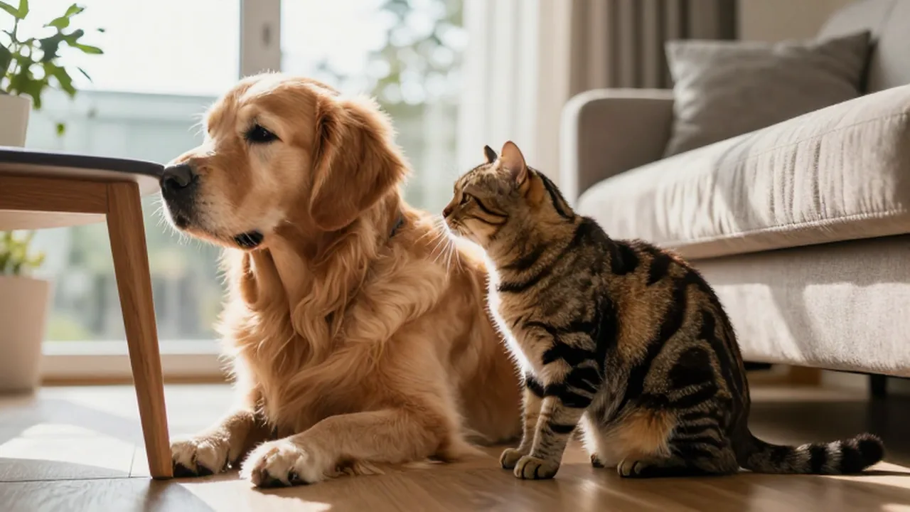 Un golden retriever olfatea una pata de madera mientras un gato atigrado se frota contra un sofá.