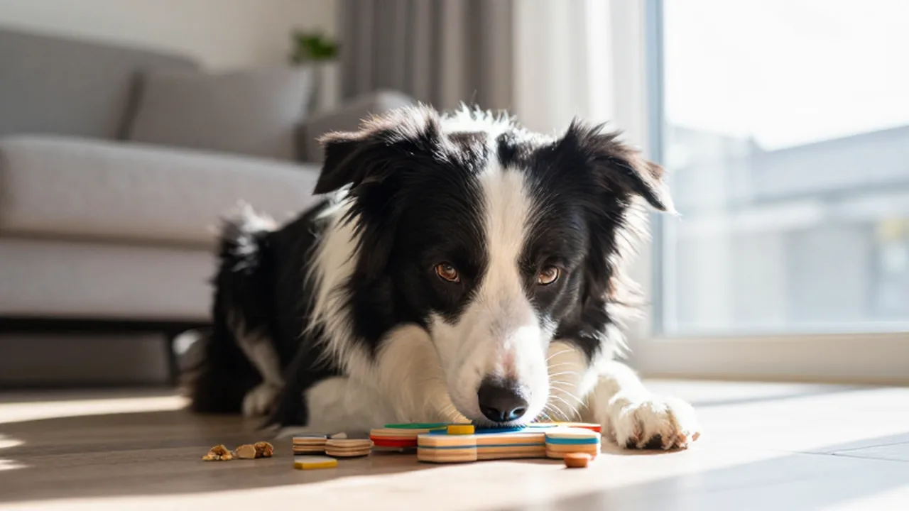 Border Collie concentrado buscando premios dentro de un juguete de madera en una sala iluminada.
