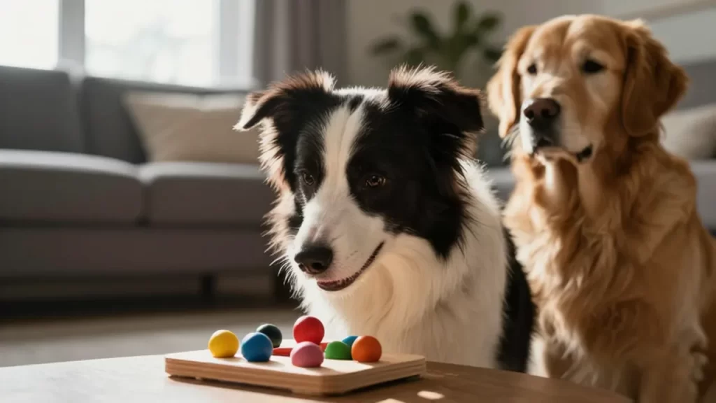 Un Border Collie concentrado en un rompecabezas de madera mientras un Golden Retriever lo observa en una sala iluminada.